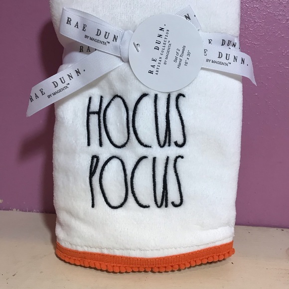 NEW Rae Dunn Set Two Hocus Pocus Velour Hand Towels with Pom Pom Trim Halloween